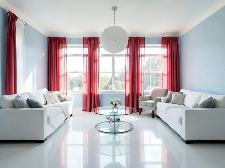 Soggiorno con colori tendenti al bianco e al grigio con tende color rosso.