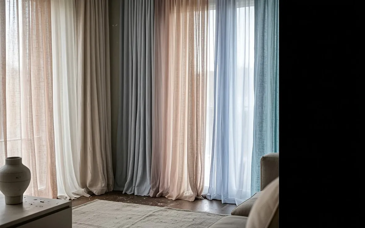 Tende di vari colori, tessuti e spessori.
