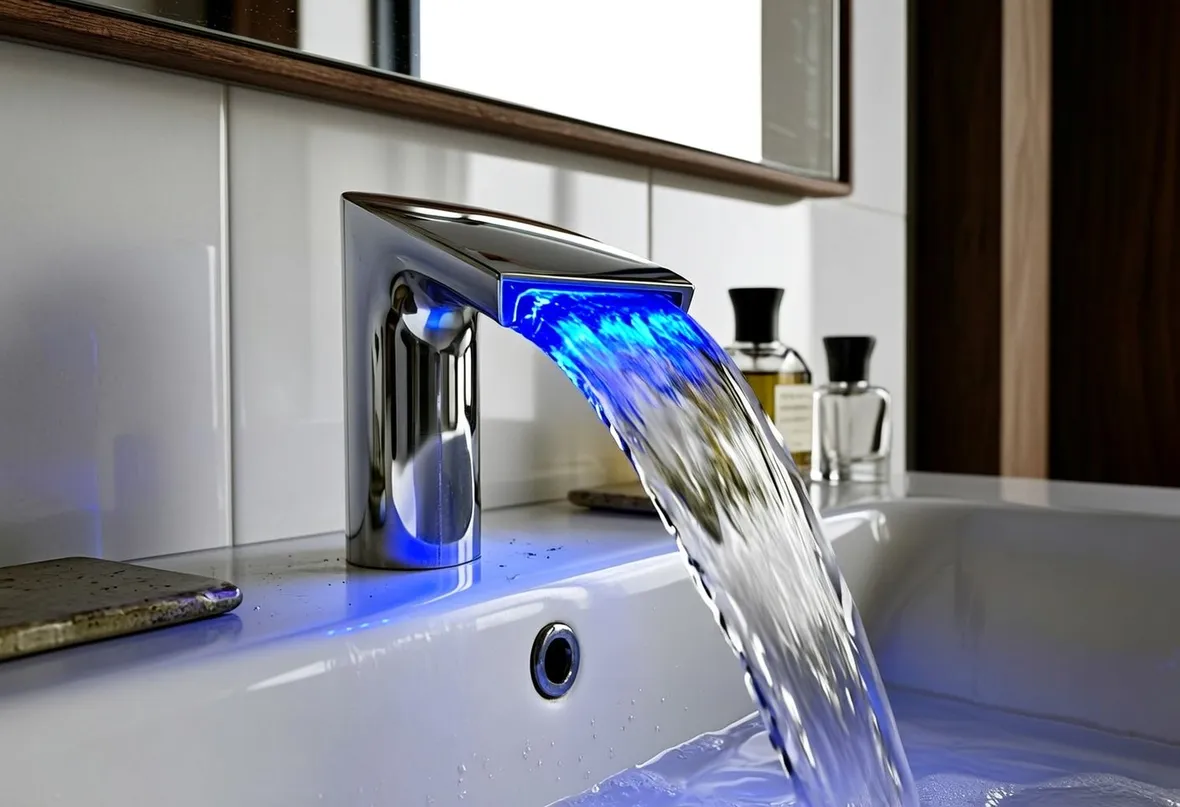Rubinetto a cascata metallo acqua blu