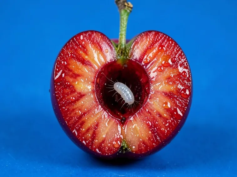 Un frutto con una larva di mosca