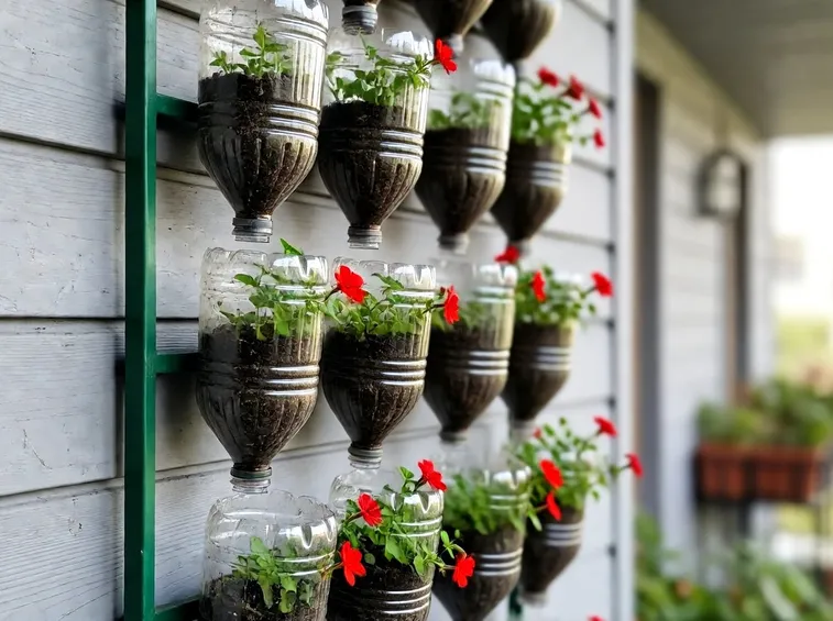 Originale giardino verticale con bottiglie