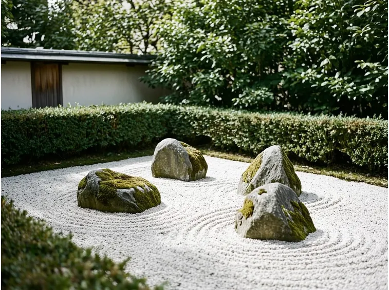 Onde intorno alla roccia in giardino zen
