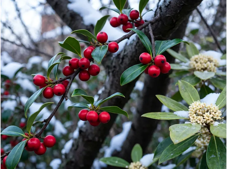 Bacche colorate: agrifoglio, skimmia, nandina e melo da fiore
