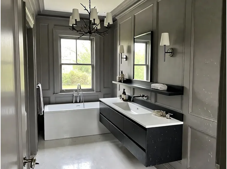 Bagno con lampadario e applique