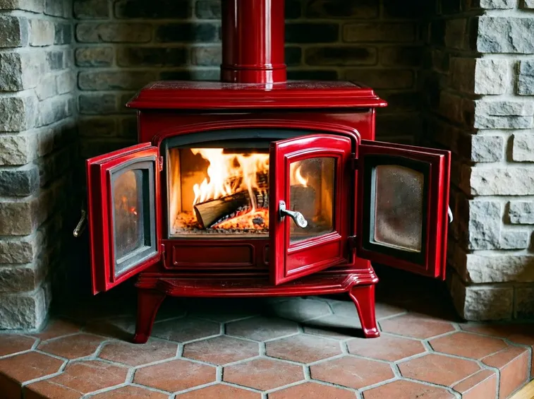 Termostufa a legna con rivestimento rosso