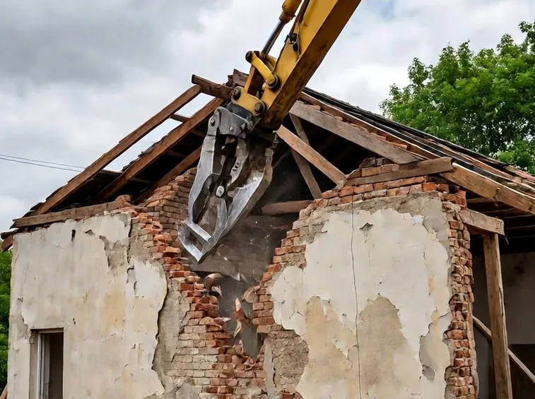 Demolizione di una casa con l'ausilio di mezzi meccanici