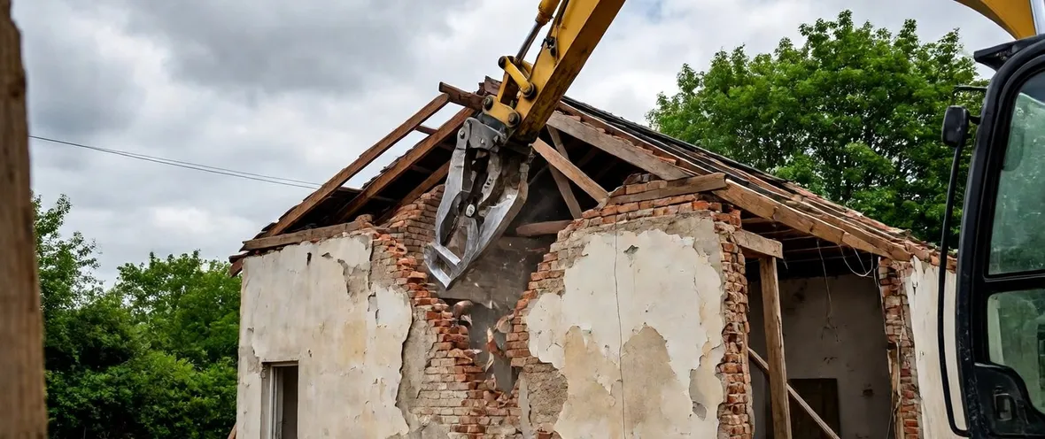 Demolizione di una casa con l'ausilio di mezzi meccanici