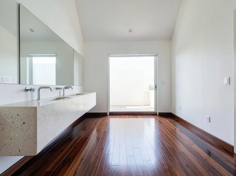Bagno con pavimento in teak