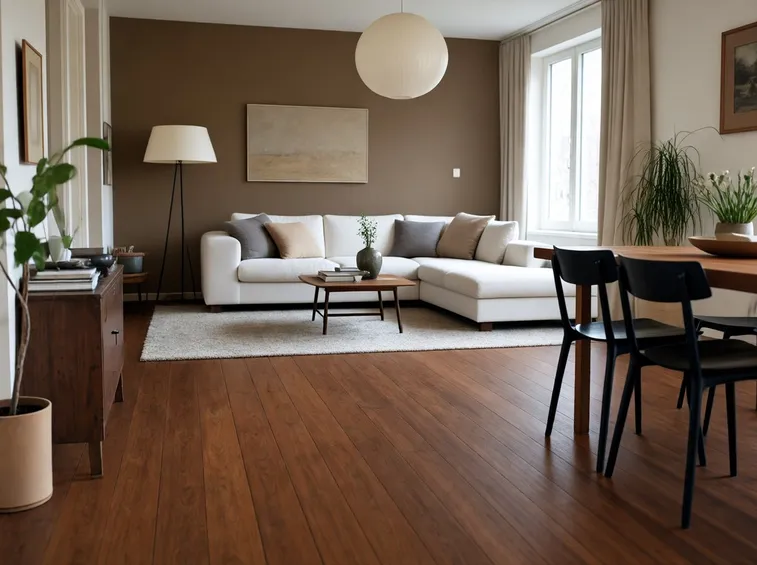 Living con pavimentazione a listoni in teak