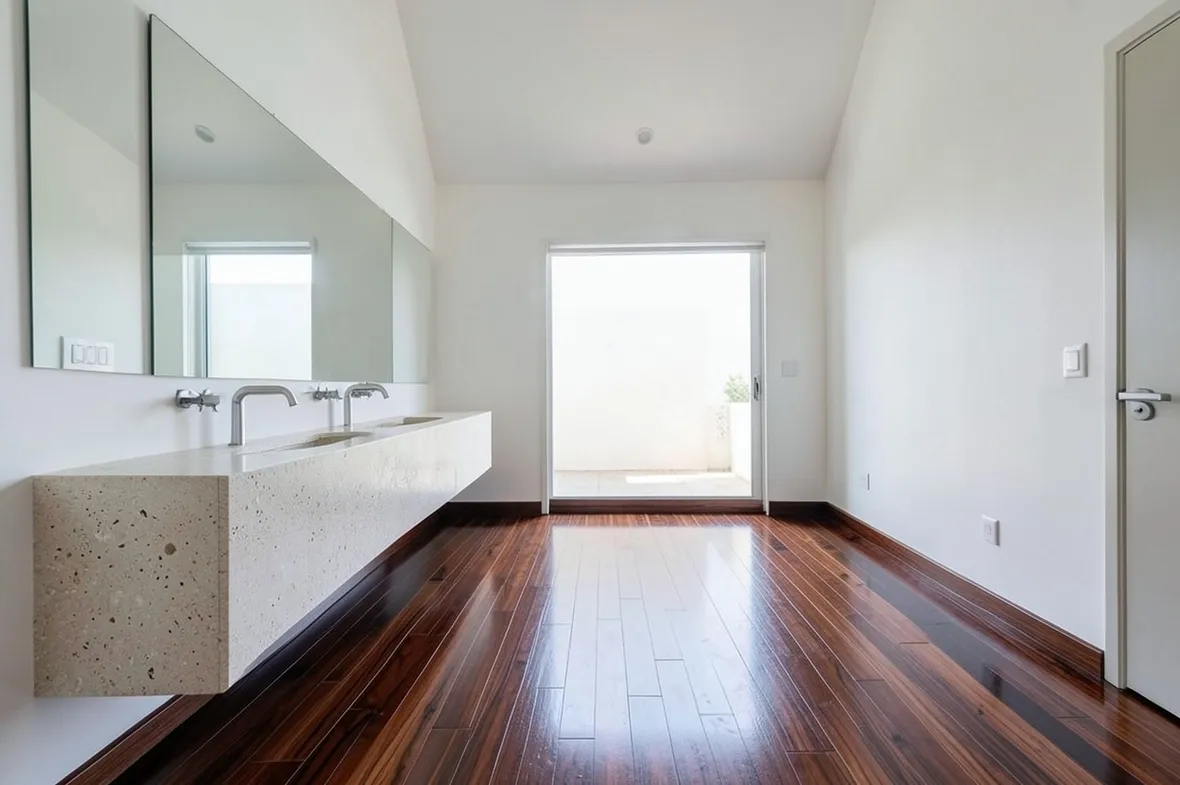 Bagno con pavimento in teak