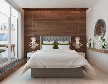Camera da letto con rivestimento in legno