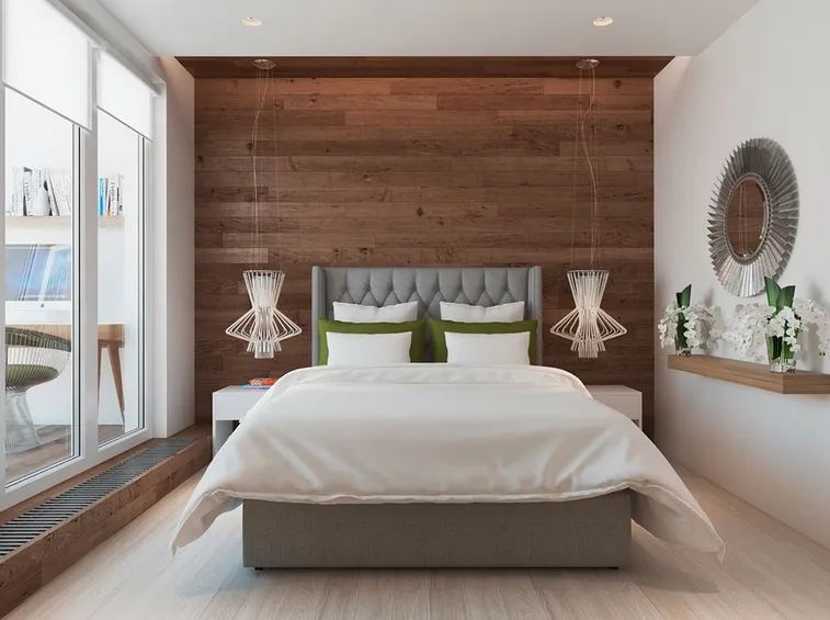 Camera da letto con rivestimento in legno