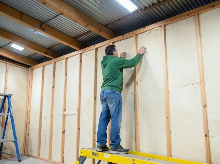 Operaio che installa un pannello isolante