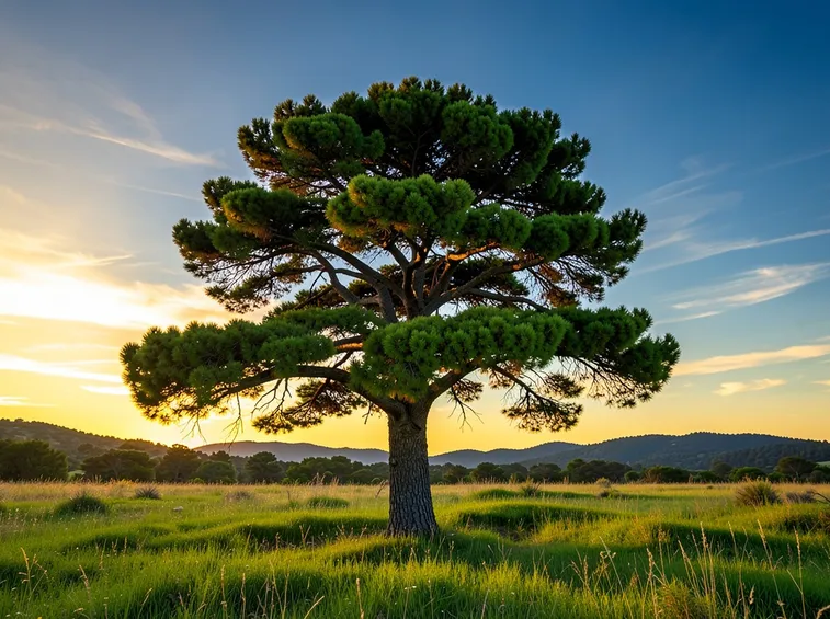 Un grande pino al tramonto