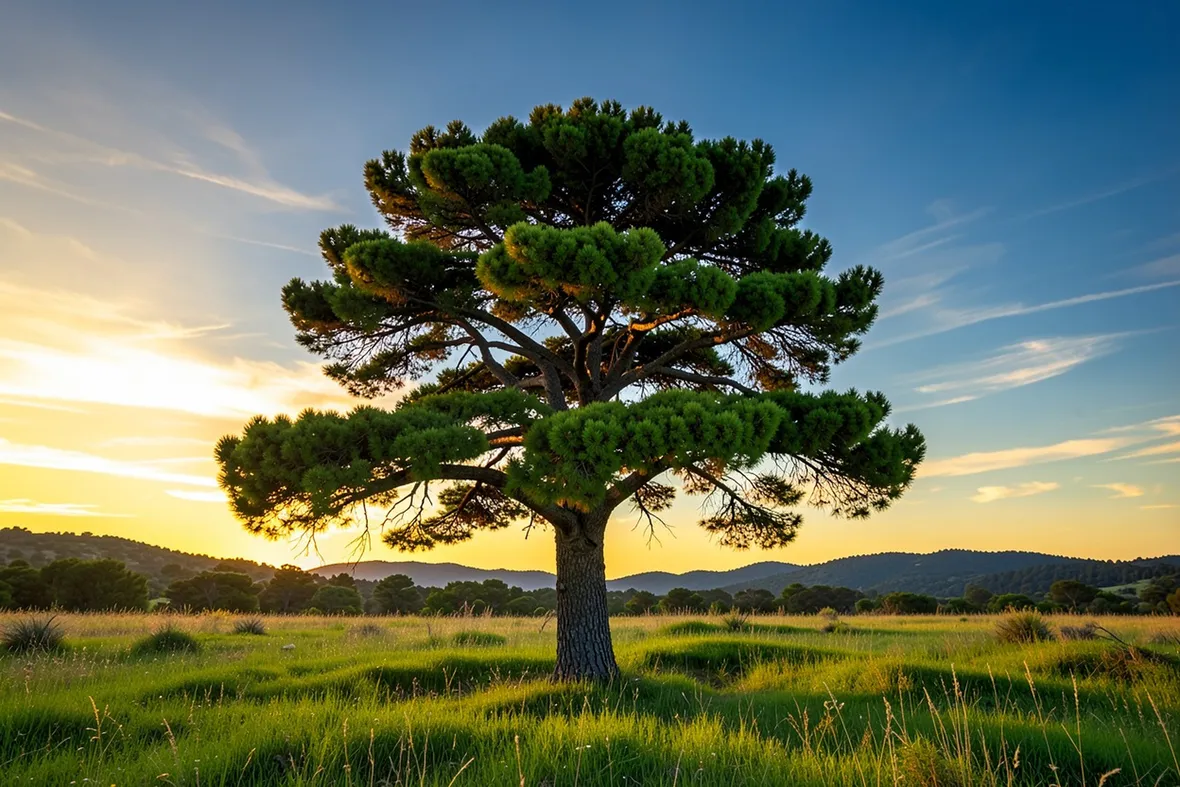 Un grande pino al tramonto