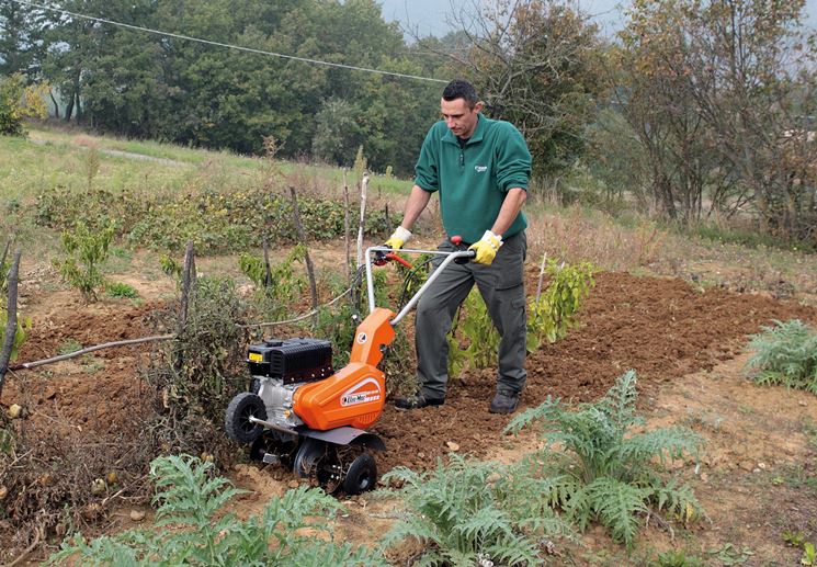 Agricoltore al lavoro con la motozappa